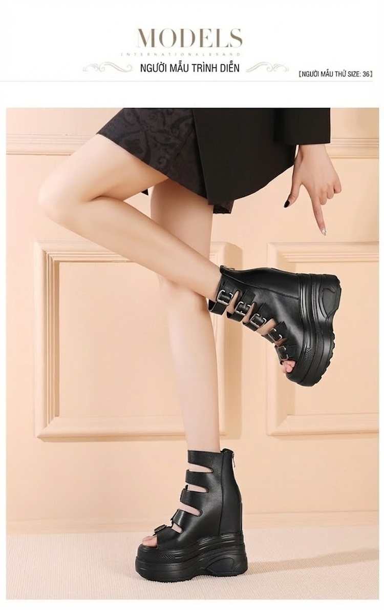 Giày Sandal Cao Gót Nữ Hở Ngón Đế Xuồng Quai Da Bóng Gót Cao 10cm - 12cm Màu Đen, Trắng chi tiết 4