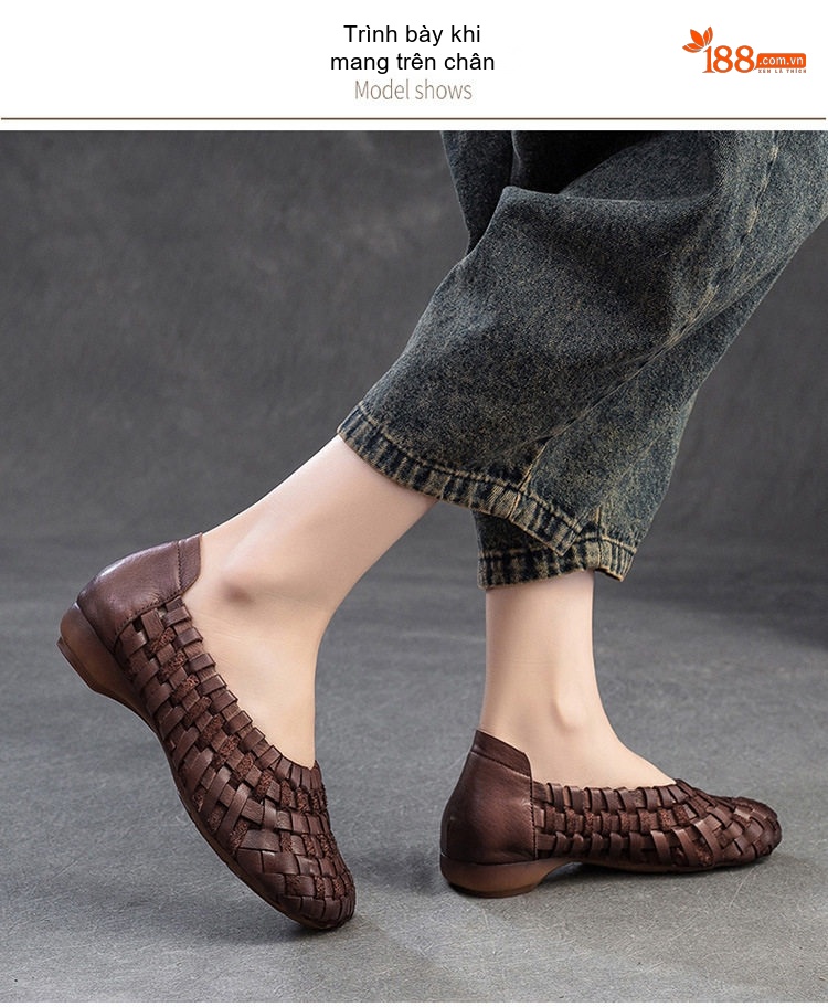 Dép Bệt Nữ Da Bò Đan Lưới Thủ Công Đế Cao 3cm - 4cm Màu Nâu, Vàng chi tiết 8