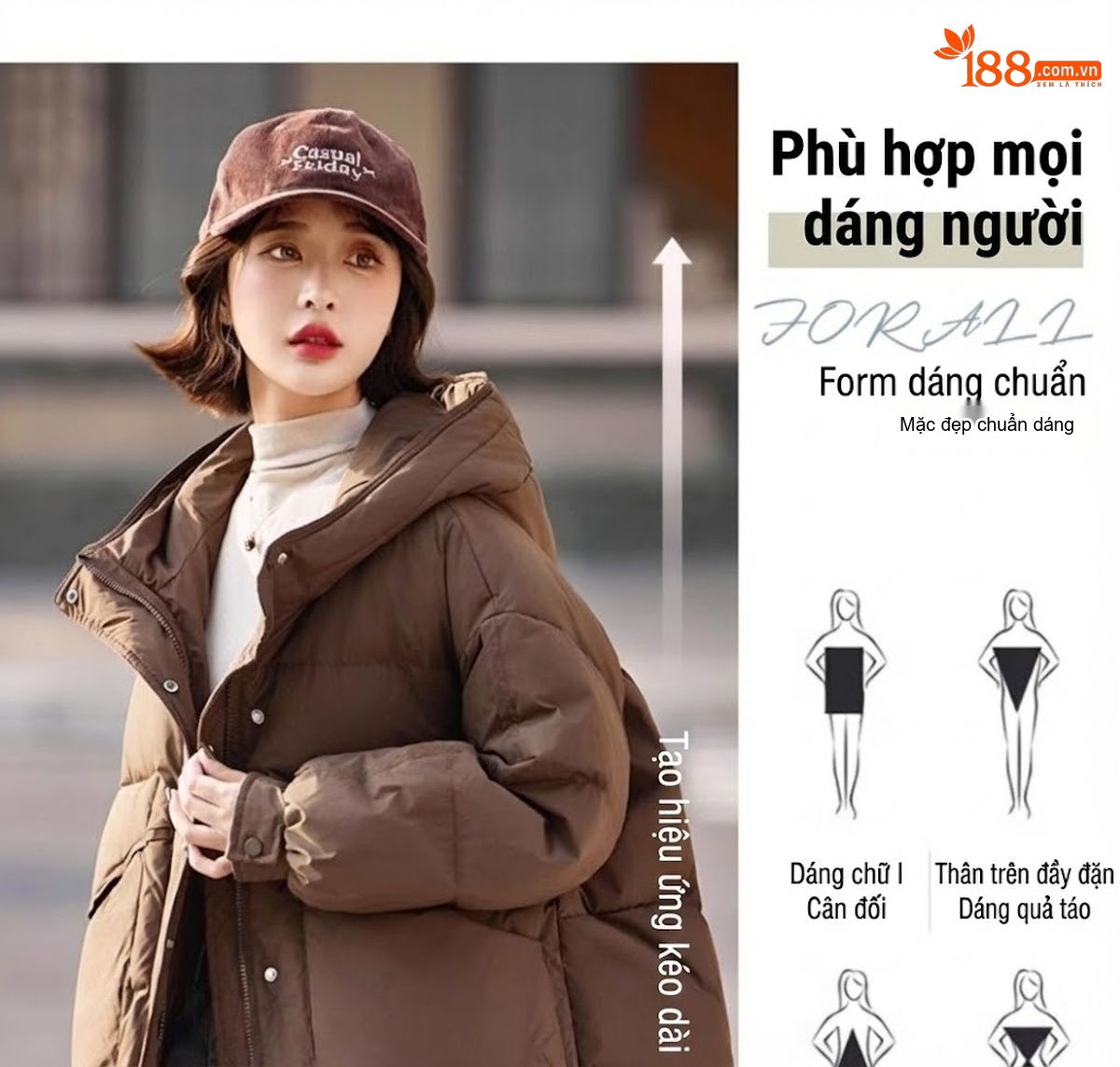 Áo Khoác Phao Nữ Có Mũ Trùm Đầu Dáng Rộng Lót Lông Vũ Dày Ấm Áp Màu Đen, Nâu, Đỏ Rượu Vang chi tiết 11