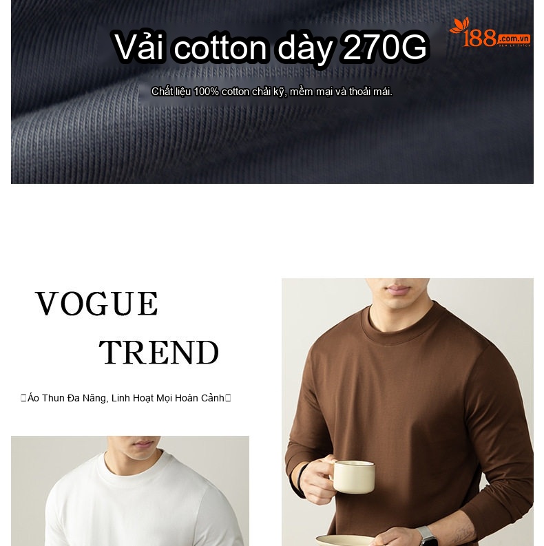 Áo Thun Tay Dài Nam Cotton 270g Cổ Tròn Dáng Rộng Màu Trắng, Nâu, Xám, Đen chi tiết 7