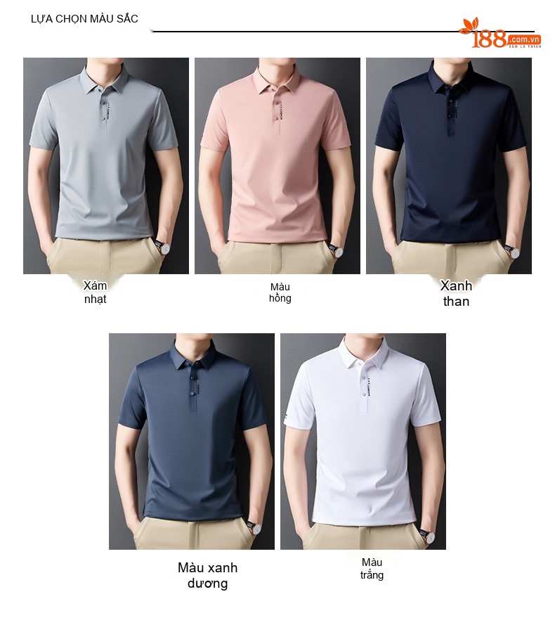 Áo Polo Nam Lụa Tằm Thượng Hạng Mát Lạnh Thời Trang Màu Xanh Navy, Trắng, Hồng, Xám chi tiết 8