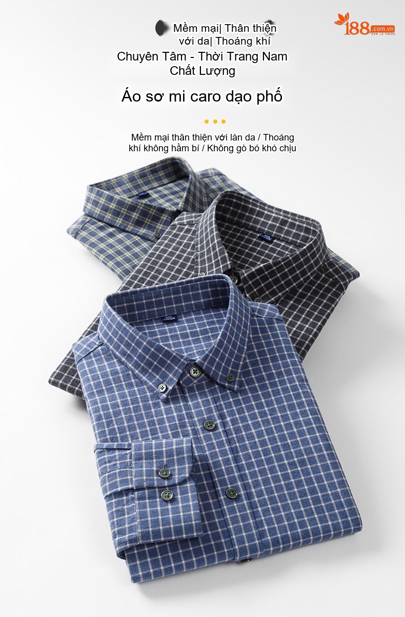 Áo Sơ Mi Nam Tay Dài Cotton Mài Lông Họa Tiết Kẻ Caro Phong Cách Trung Niên Màu Xanh Dương, Xám, Đen, Xanh Lá... chi tiết 1