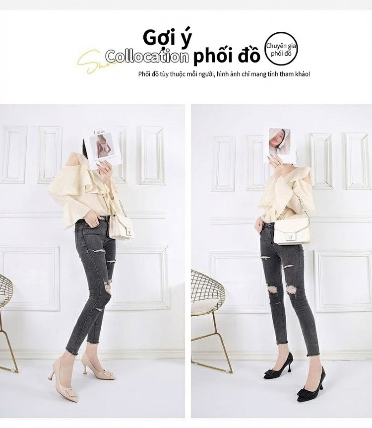 Giày Cao Gót Nữ Da Mềm Chiều Cao Đế Khoảng 6cm Kiểu Hàn Quốc Màu Đen, Kem chi tiết 6