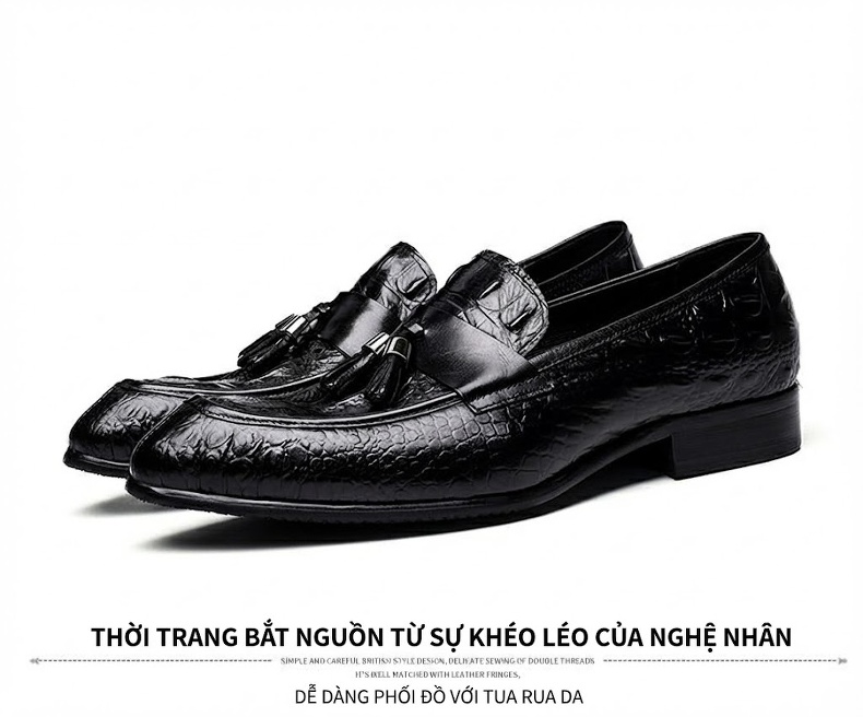 Giày Lười Nam Da Bò Vân Cá Sấu Chiều Cao Đế Khoảng 3cm Màu Đen, Đỏ chi tiết 11