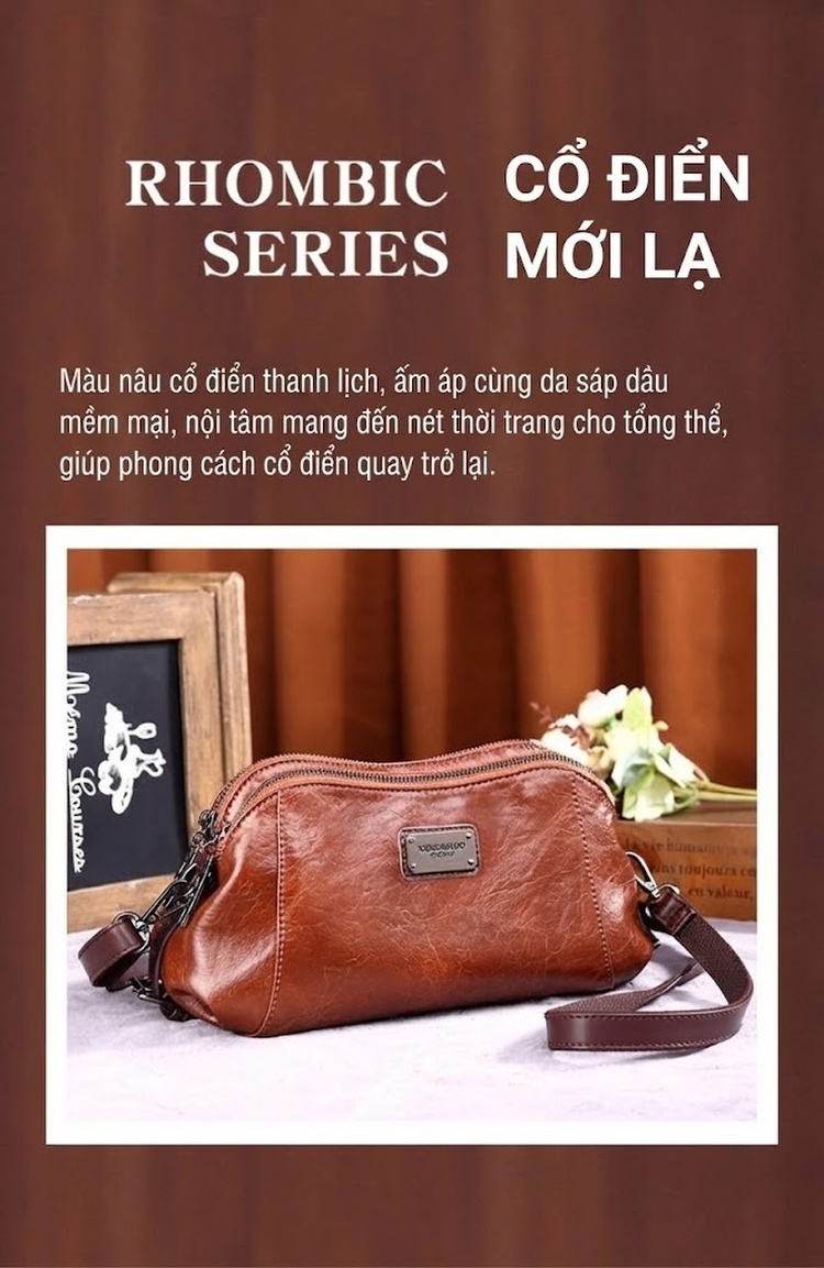 Túi Đeo Vai/Đeo Chéo Nữ Da Bóng Thiết Kế Retro Phong Cách Âu Mỹ Sức Chứa Lớn Màu Nâu chi tiết 2