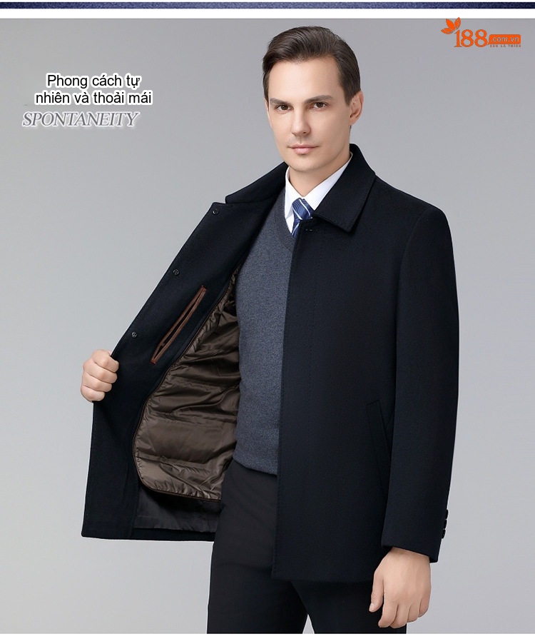 Áo Khoác Dạ Nam Lông Cừu Dày Dặn Lót Lông Vũ Có Thể Tháo Rời Màu Đen chi tiết 4