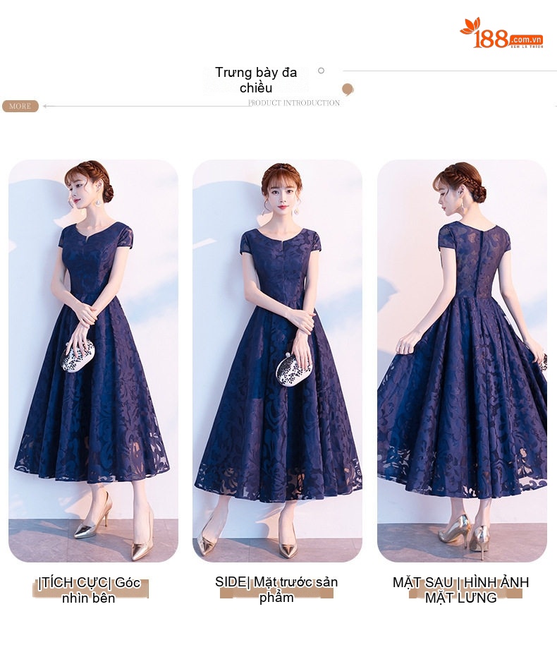 Đầm Dự Tiệc Ren Kiểu Dáng Thanh Lịch Màu Xanh Navy, Đỏ, Đen chi tiết 6