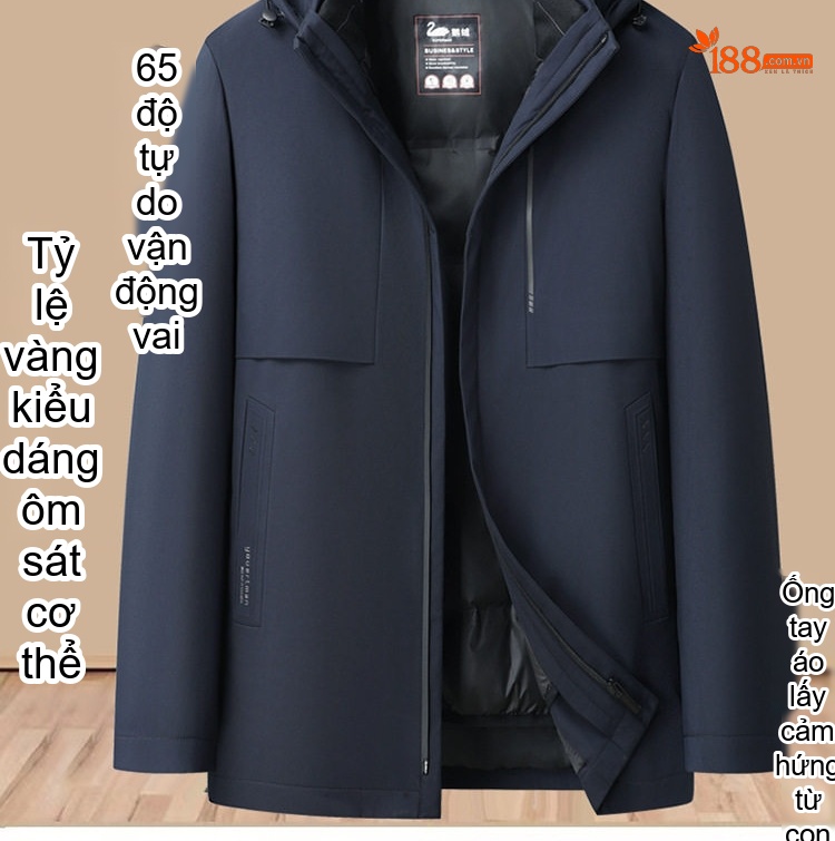 Áo Khoác Phao Nam Lông Ngỗng 90 Kiểu Dáng 5 in 1 Tháo Rời Mũ Màu Đen, Xanh Navy chi tiết 13