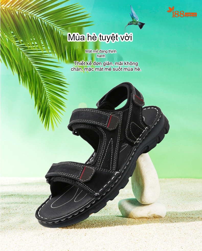 Dép Sandal Nam Xỏ Ngón Da Mờ Quai Dán Chiều Cao Đế Khoảng 3cm Màu Đen, Nâu, Xám, Rêu... chi tiết 6