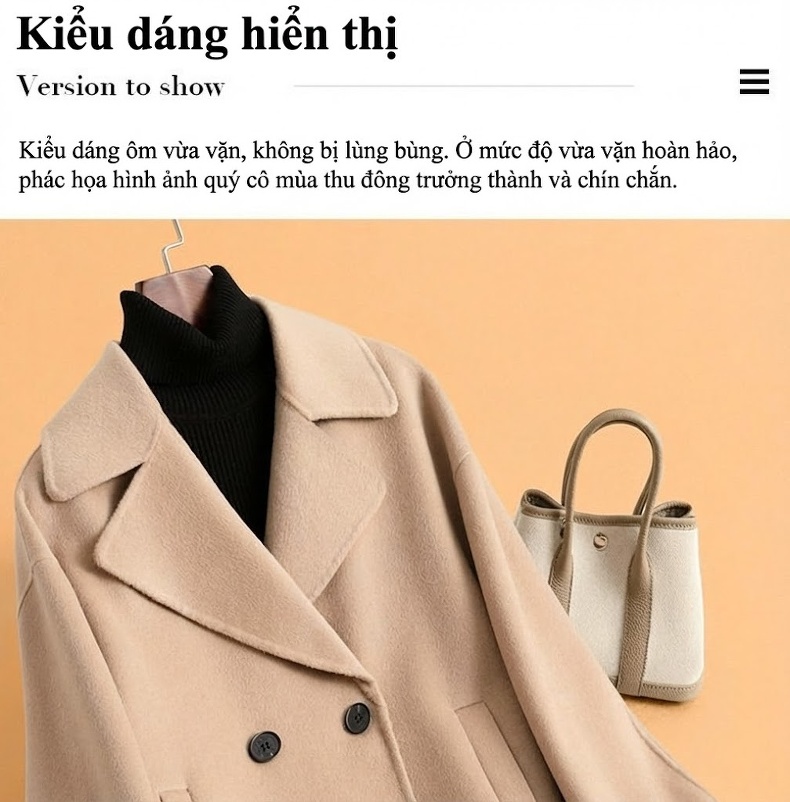 Áo Khoác Dạ Nữ Hai Mặt Lông Cừu Ngắn Tay Tiểu Thư Phong Cách Hàn Quốc Màu Be chi tiết 6