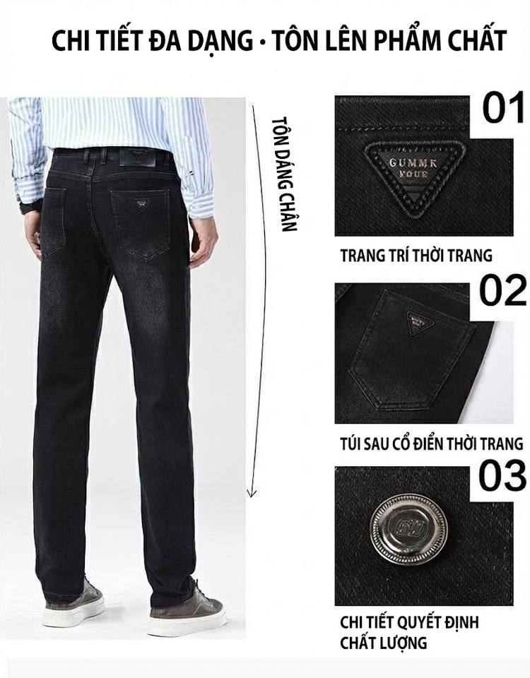 Quần Jean Nam Dáng Ôm Vừa Vặn Dài Phong Cách Trung Niên, Doanh Nhân, Thoải Mái, Co Giãn Màu Đen, Xanh Đậm chi tiết 30