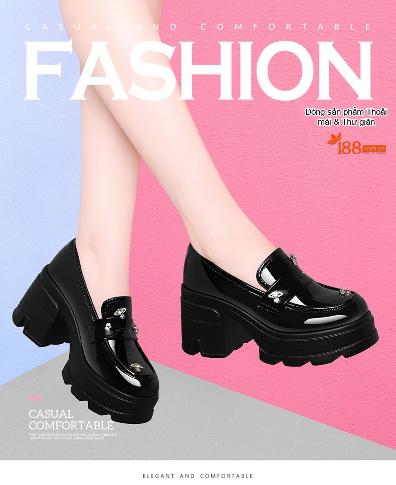 Giày Loafer Nữ Da Bóng Đế Cao Chiều Cao Đế Khoảng 6cm Màu Đen chi tiết 1