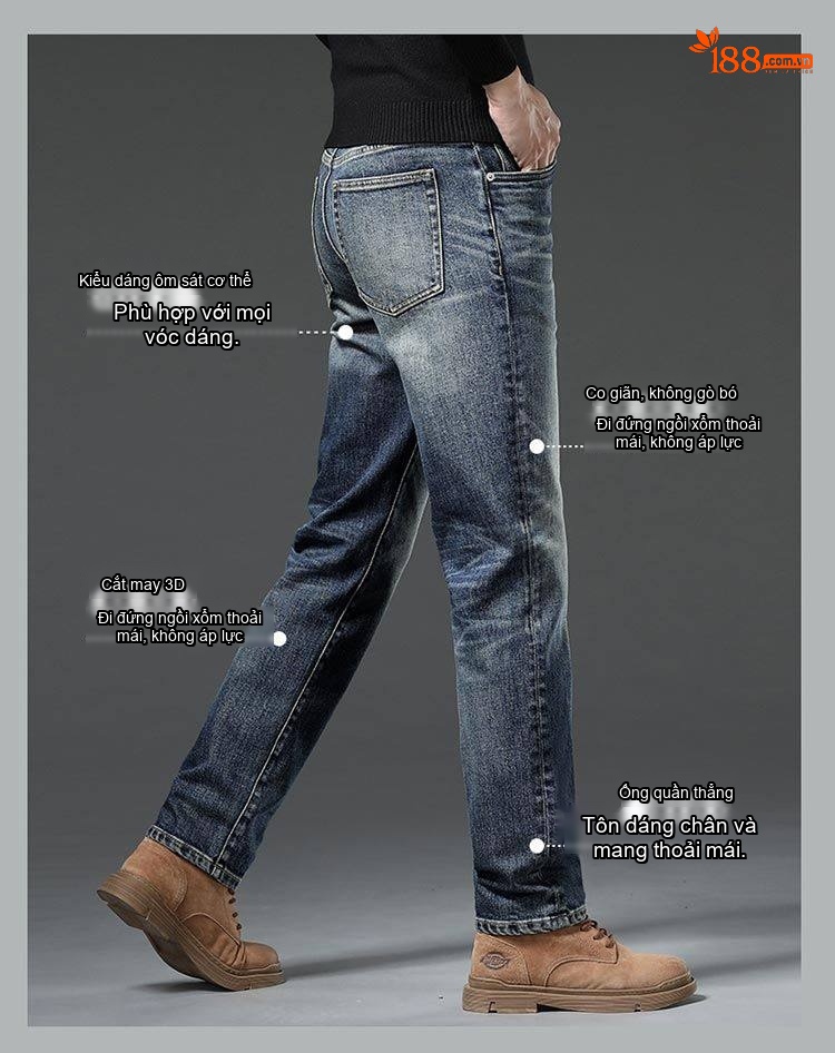 Quần Jean Nam Ống Đứng Co Giãn Vừa Vặn Phong Cách Retro Màu Xanh Denim chi tiết 8