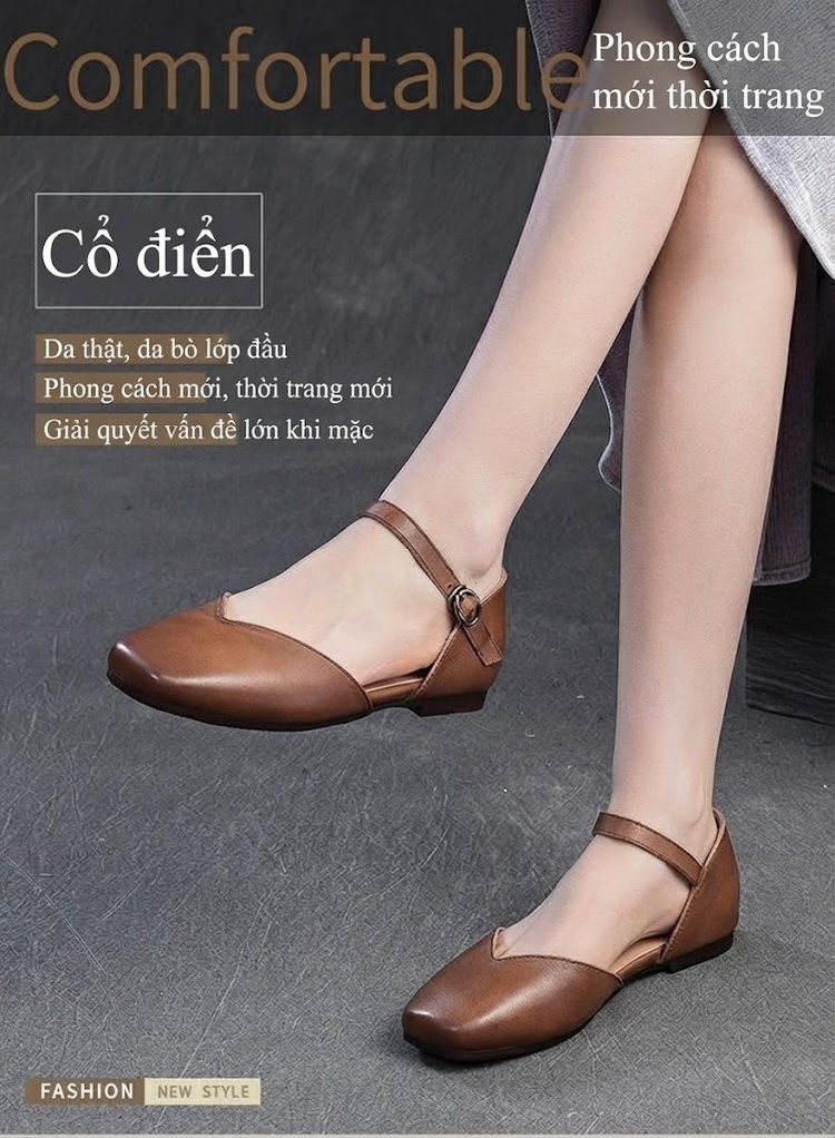 Dép Sandal Nữ Bít Mũi Da Bò Quai Ngang Khóa Cài Đế Cao 3cm - 4cm Màu Kem, Nâu chi tiết 1