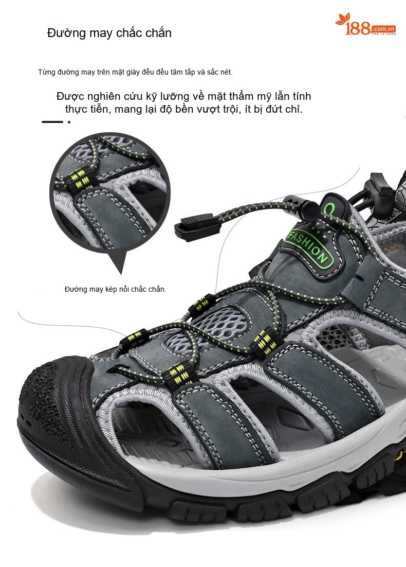 Sandal Nam Da Bò Mũi Bọc Dây Rút Thể Thao Thoáng Khí Đế Cao 3cm chi tiết 14