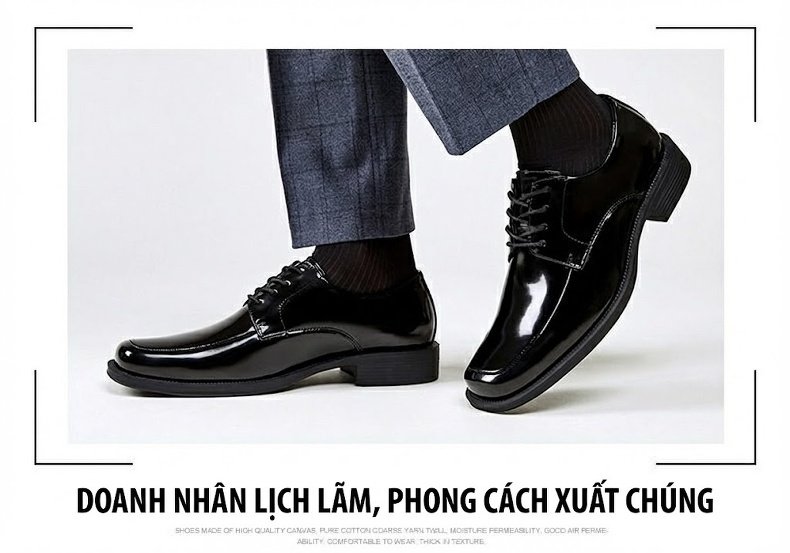 Giày Tây Buộc Dây Nam Da Bóng Chiều Cao Đế Khoảng 3cm Màu Đen, Nâu chi tiết 9