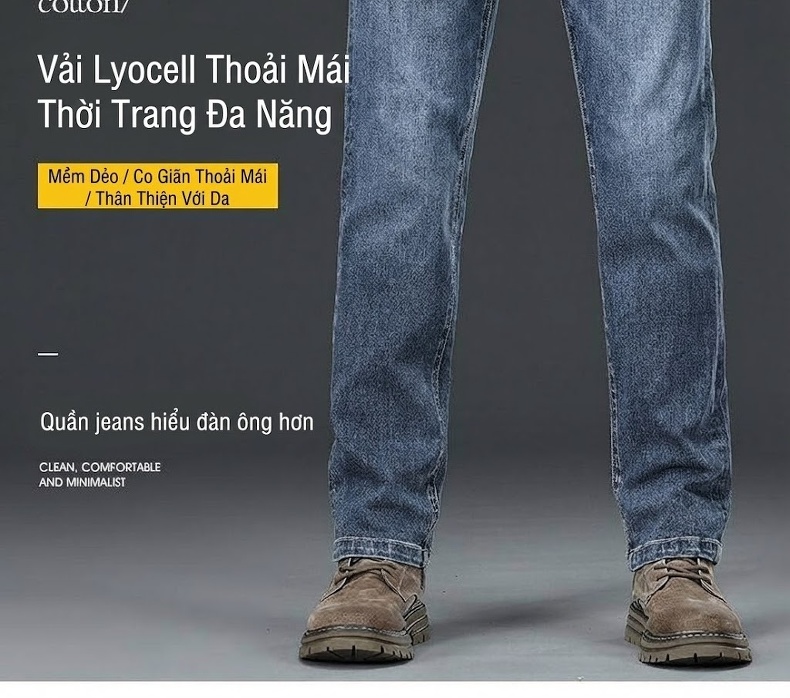 Quần Jean Nam Ống Đứng L莱赛尔 Ôm Vừa Vặn Kiểu Dáng Đơn Giản Màu Xanh, Xám chi tiết 2