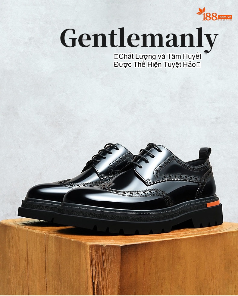 Giày Tây Buộc Dây Nam Da Bò Thật Brogue Chiều Cao Đế Khoảng 4cm Màu Đen, Đỏ Rượu chi tiết 1