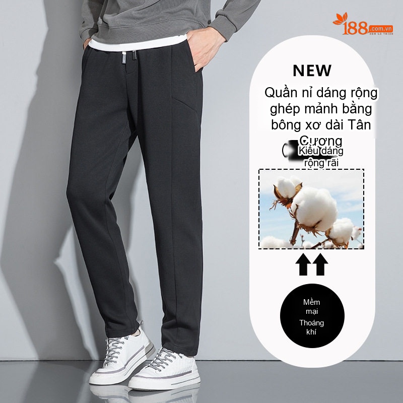 Quần Dài Nam Cotton Dáng Suông Ống Rộng Lưng Thun Có Dây Rút Màu Đen, Xám, Xanh Navy