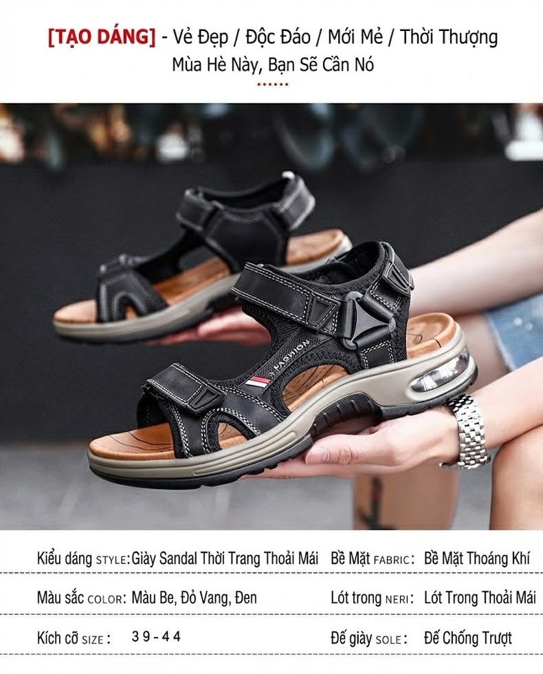 Dép Sandal Nam Da Thật Hở Ngón Thoáng Khí Chiều Cao Đế Khoảng 4cm Màu Nâu, Đen chi tiết 5