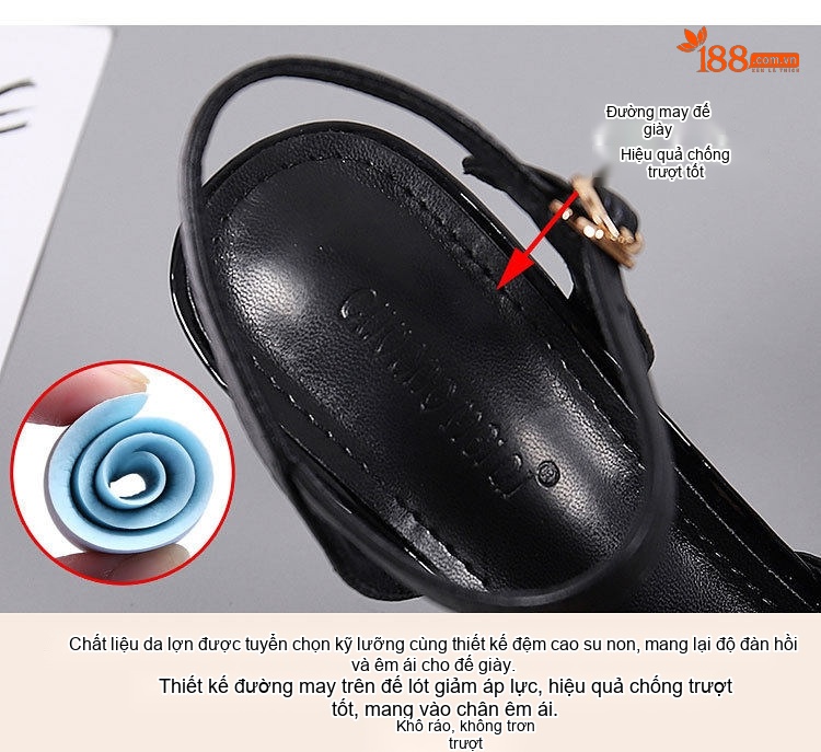 Giày Sandal Cao Gót Nữ Da Bóng Quai Hậu Gót Cao 7cm - 8cm Màu Đen, Kem chi tiết 8
