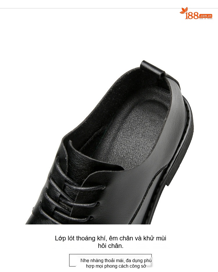 Giày Tây Buộc Dây Nam Da Mềm Chiều Cao Đế Khoảng 3cm Màu Đen chi tiết 7