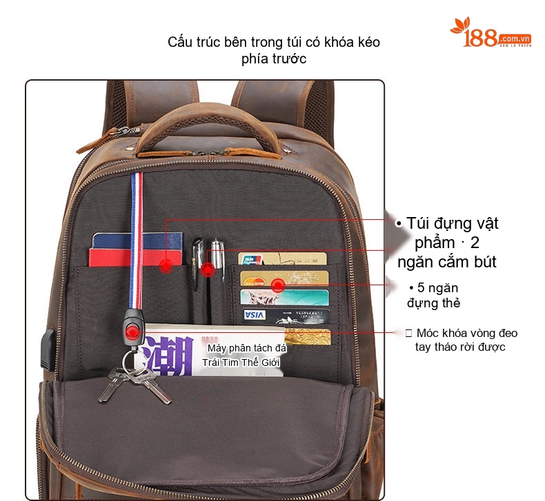Balo Da Thật Nam Đa Năng Phong Cách Retro Túi Đựng Laptop USB Da Bò Sáp Màu Nâu chi tiết 11