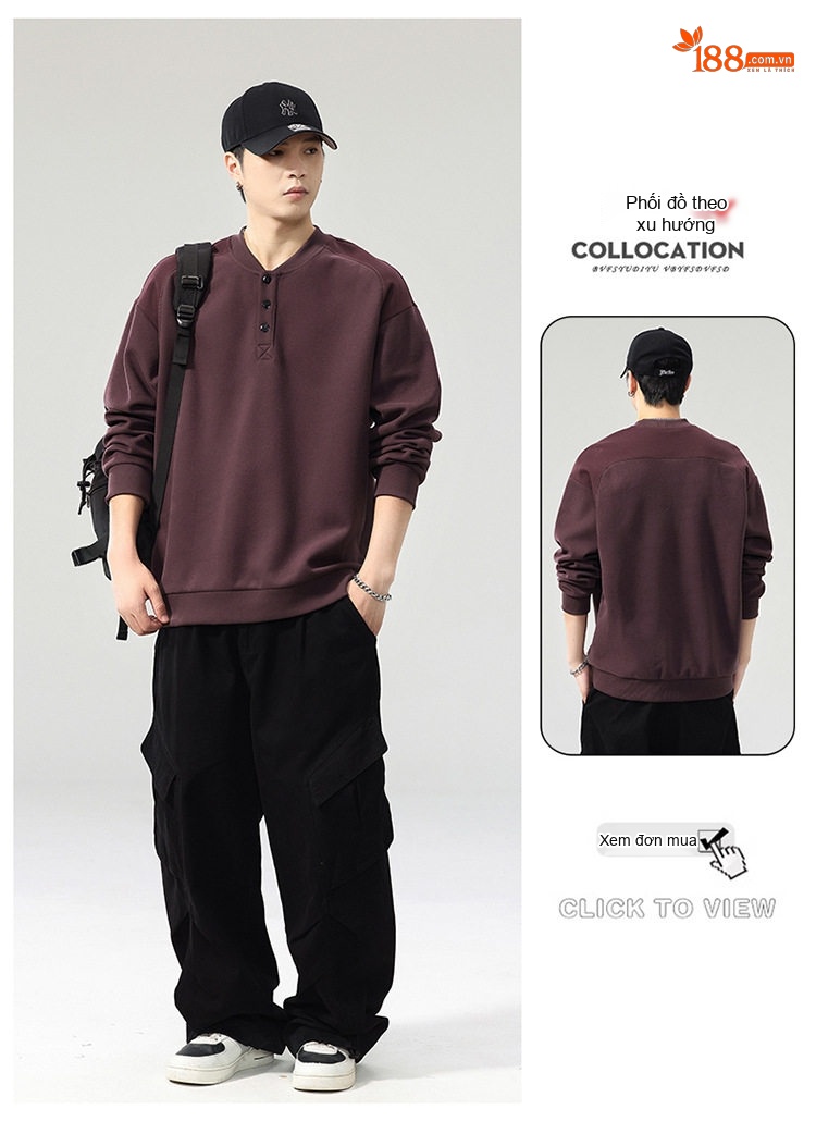 Áo Sweatshirt Tay Dài Cổ Henley Phong Cách Retro Mỹ Form Rộng Màu Đen, Xanh Olive, Đỏ Tía chi tiết 17