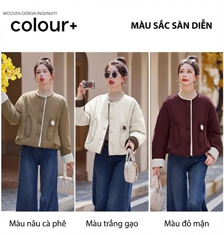 Áo Khoác Cotton Chần Bông Ngắn Tay Thiết Kế Hàn Quốc Màu Nâu Đỏ, Kem, Xanh Olive chi tiết 12