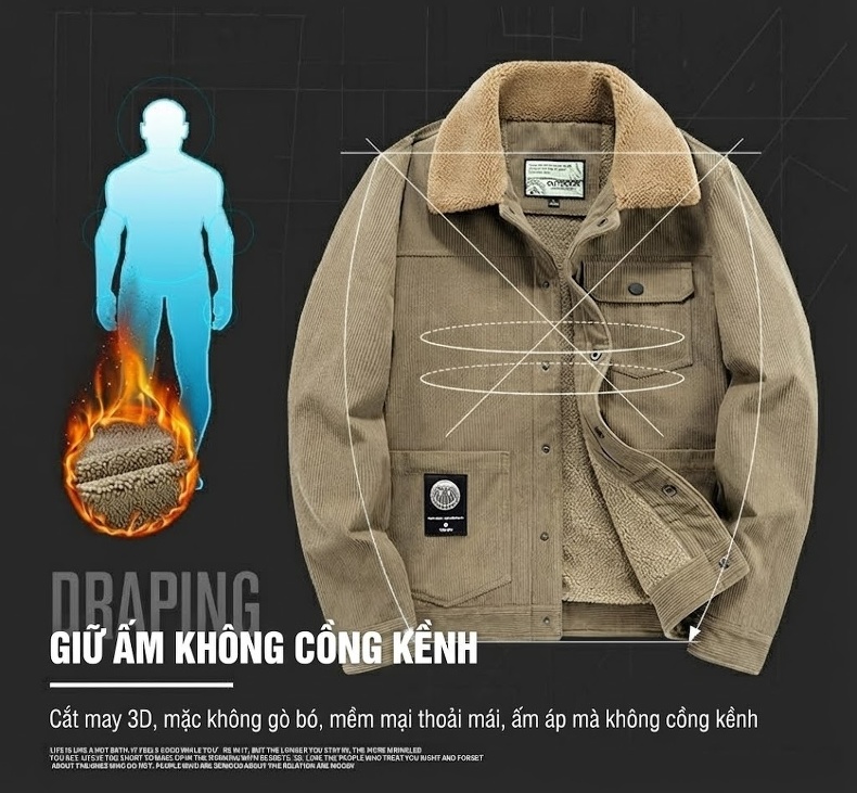 Áo Khoác Nam Vải Đũi Lót Lông Dày Dặn Cổ Lông Màu Nâu, Xám, Be chi tiết 6
