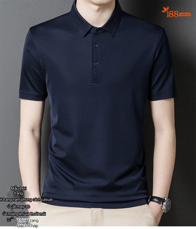 Áo Polo Nam Tay Ngắn 100% Lụa Tằm Cao Cấp Màu Xanh Navy, Xanh Ngọc chi tiết 2