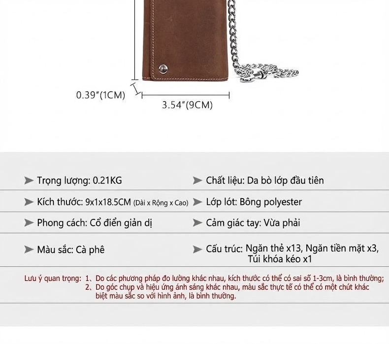 Ví Dài Nam Da Bò Lớp Đầu Masiwei Khóa Kéo Có Dây Xích Màu Nâu, Đen chi tiết 3