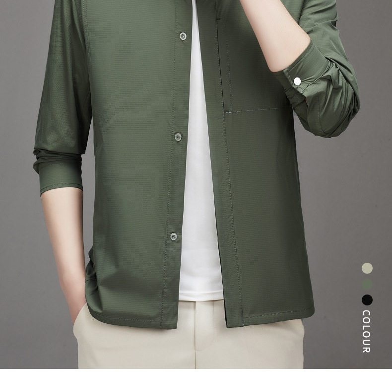 Áo Khoác Nam Cổ Sơ Mi Mỏng Nhẹ Màu Xanh Olive, Đen chi tiết 2