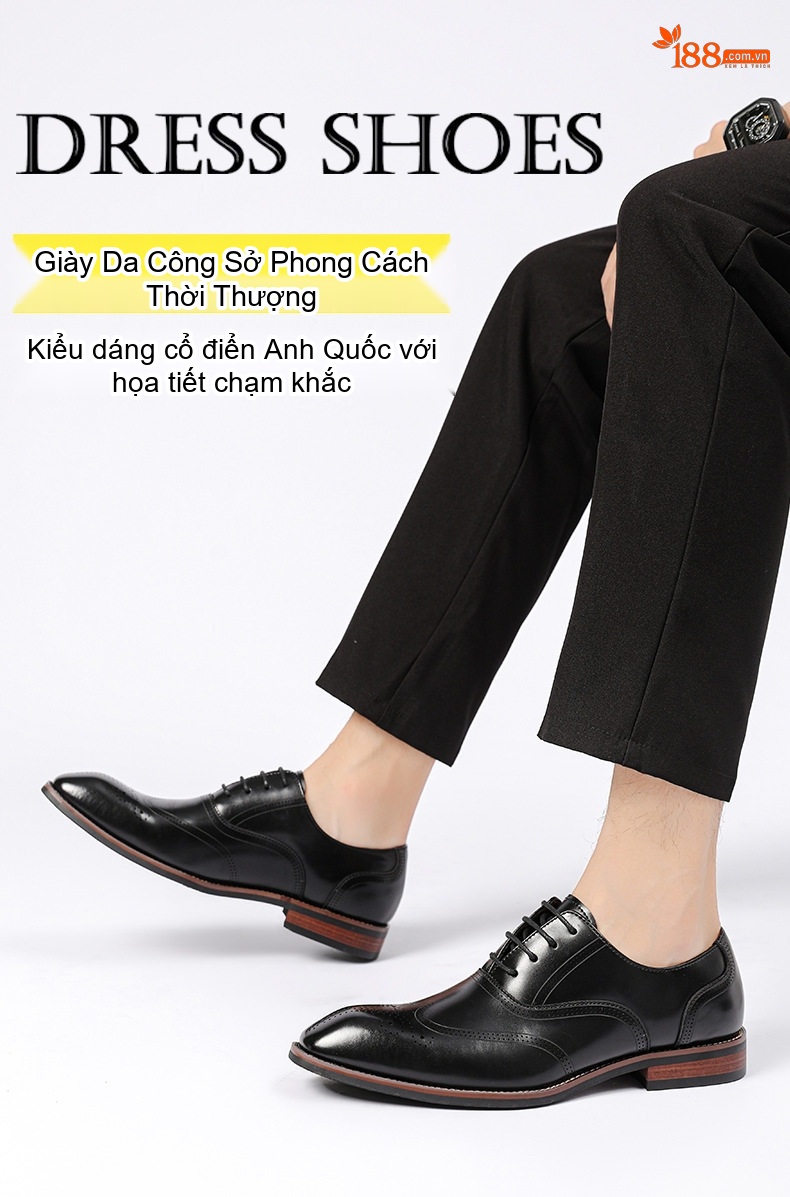 Giày Tây Buộc Dây Nam Da Bò Chiều Cao Đế Khoảng 3cm Màu Đen, Nâu chi tiết 1