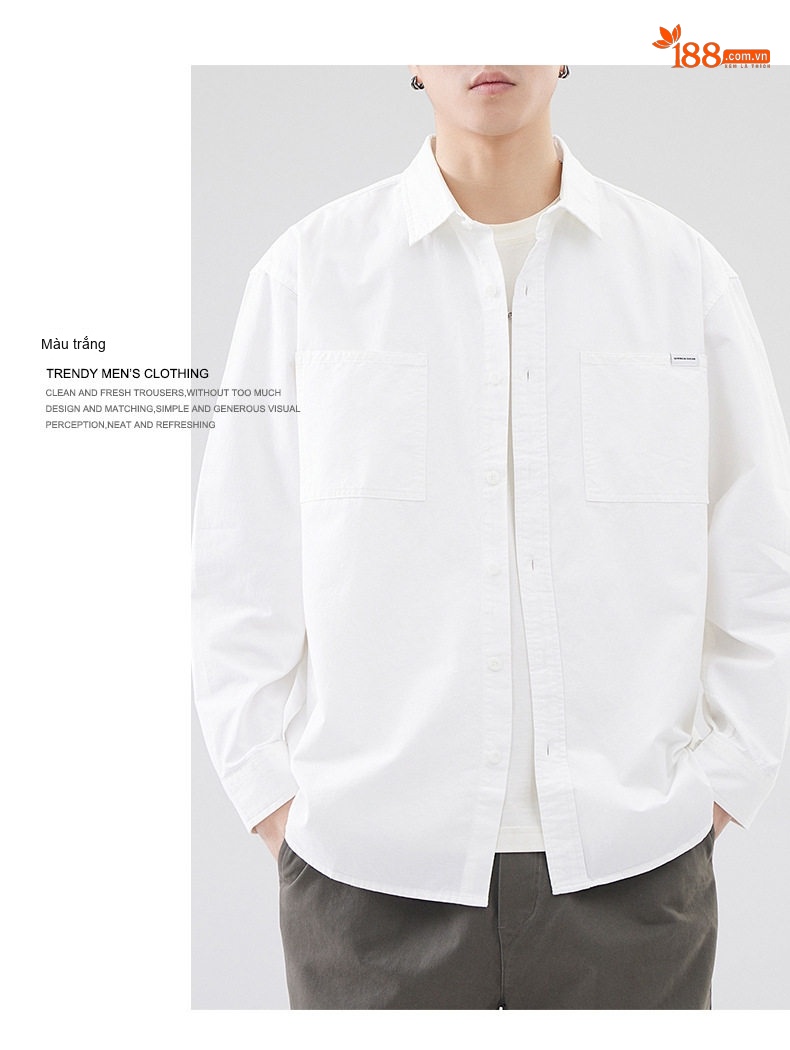 Áo Sơ Mi Dài Tay Nam Cotton Dáng Rộng Phong Cách Retro Màu Xanh Navy, Trắng chi tiết 13