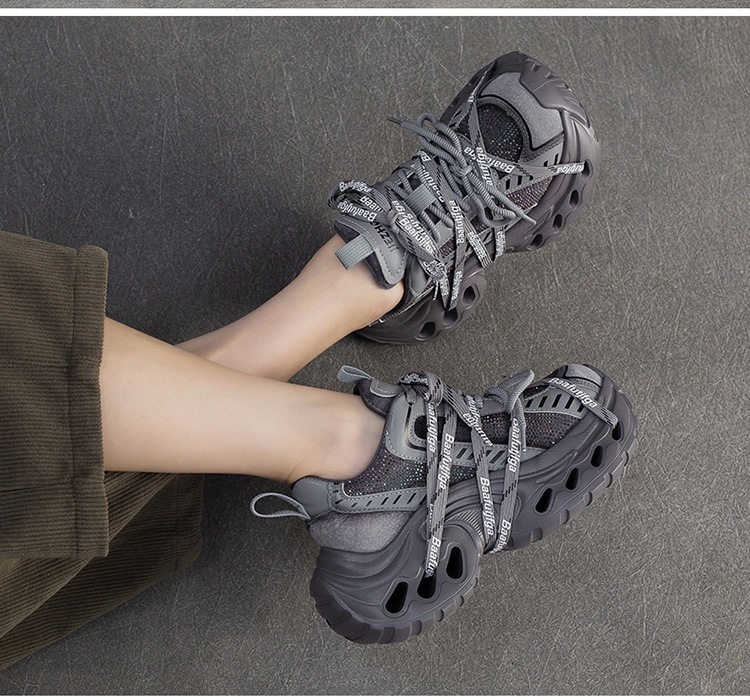 Giày Sneaker Nữ Đế Xuồng Dây Buộc Phong Cách Retro Chiều Cao Đế Khoảng 5cm Màu Đen, Xám, Nâu chi tiết 9