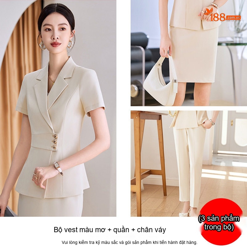 Bộ Vest Công Sở Nữ Tay Ngắn Màu Xanh Navy, Xám, Kem