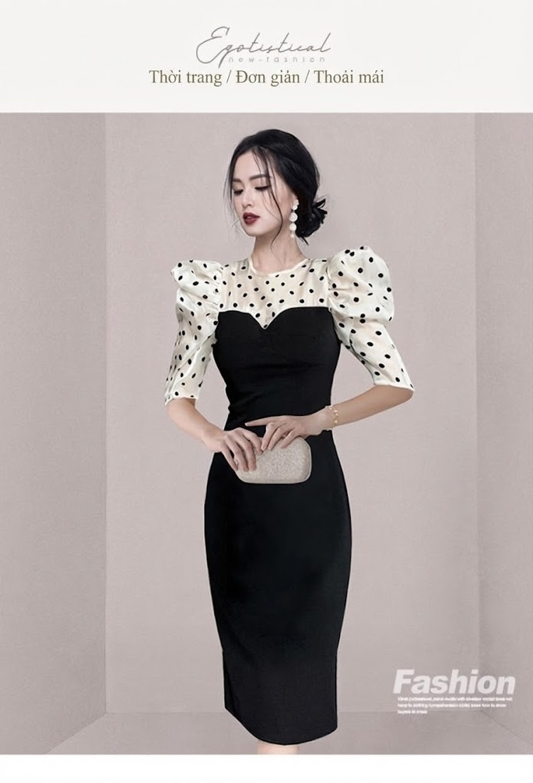 Váy Ôm Body Nữ Tay Bồng Họa Tiết Chấm Bi Cổ Tròn Màu Đen chi tiết 1