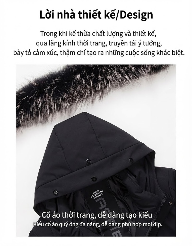 Áo Khoác Phao Nam Lót Lông Cổ Lông Thú Dày Dặn Chống Gió Ngoài Trời Màu Đen chi tiết 23