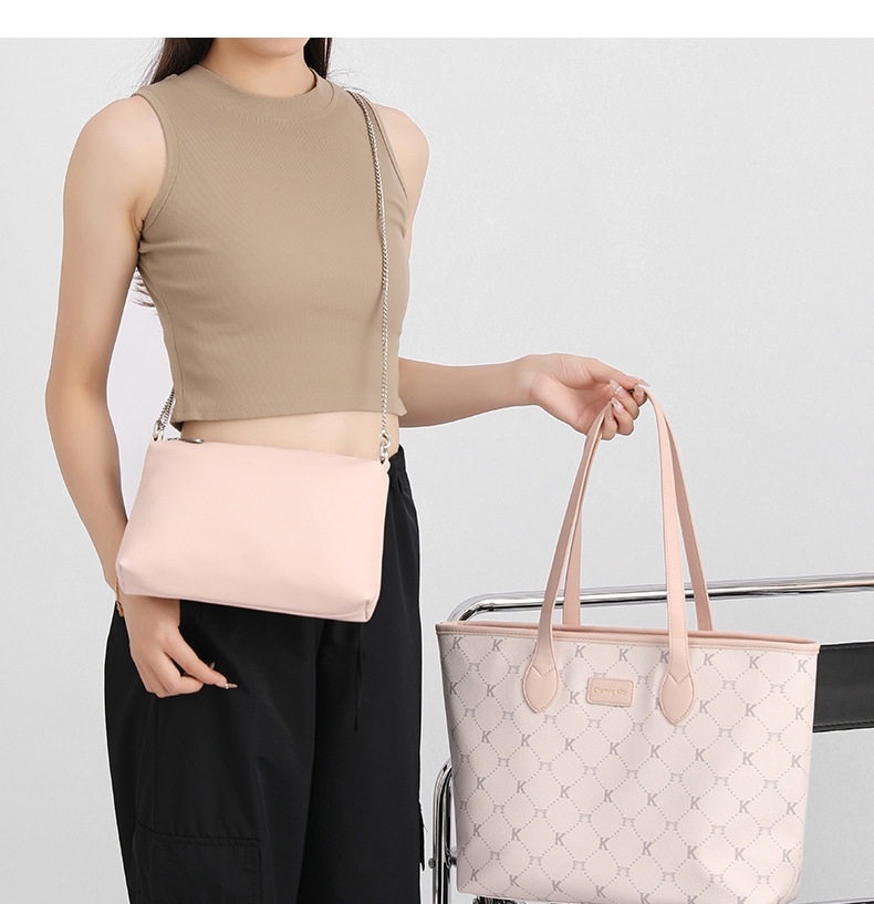 Túi Tote Nữ Vải In Họa Tiết Chữ K, Túi Đeo Vai Công Sở, Túi Xách Tay Lớn Đựng Laptop Màu Kem, Hồng chi tiết 5