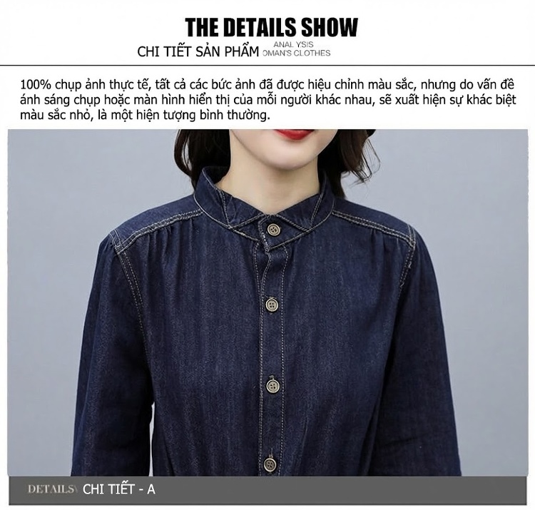 Váy Dài Tay Nữ Denim dáng chữ A Cổ Điển Thanh Lịch chi tiết 16