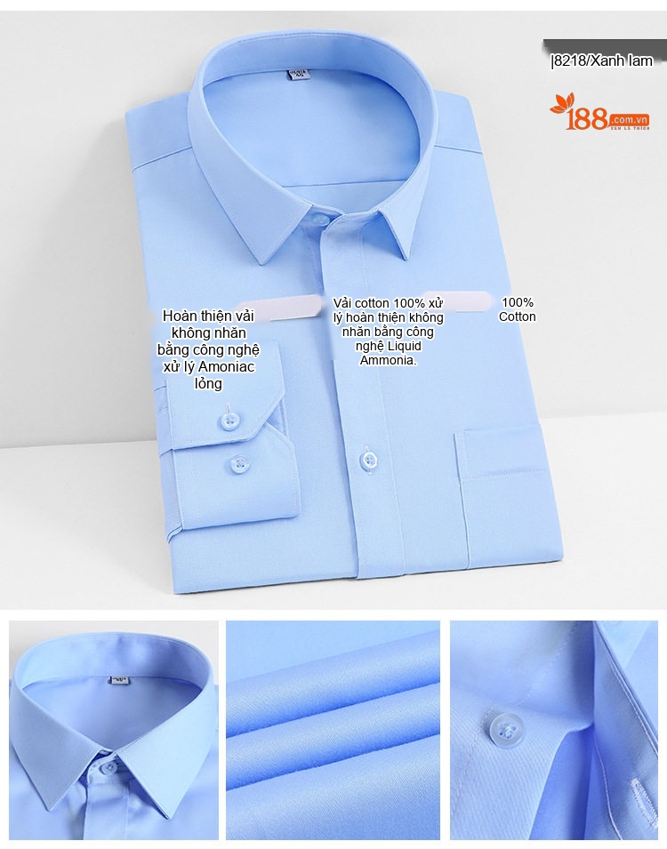 Áo Sơ Mi Dài Tay Nam Cotton Cao Cấp Chống Nhăn Màu Trắng, Xanh Dương, Đen, Đỏ... chi tiết 14