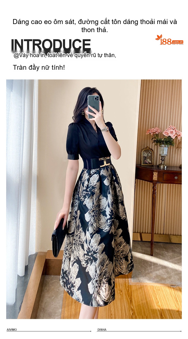 Váy Liền Thân Nữ Thiết Kế Dáng Xòe Eo Cao Họa Tiết Hoa Phong Cách Vintage Màu Đen chi tiết 2