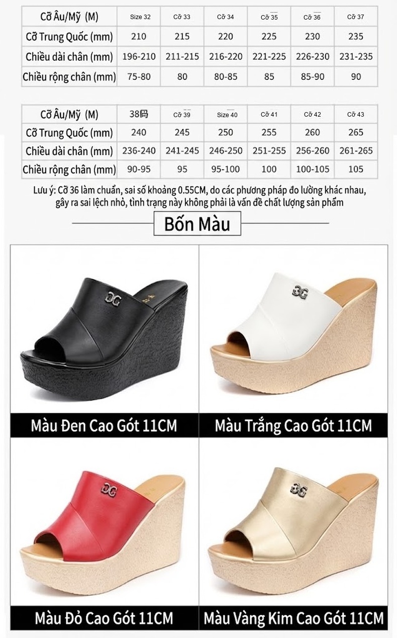 Dép Xuồng Nữ Hở Mũi Da Bóng Chiều Cao Đế 11cm Màu Đen, Đỏ, Trắng, Vàng... chi tiết 5