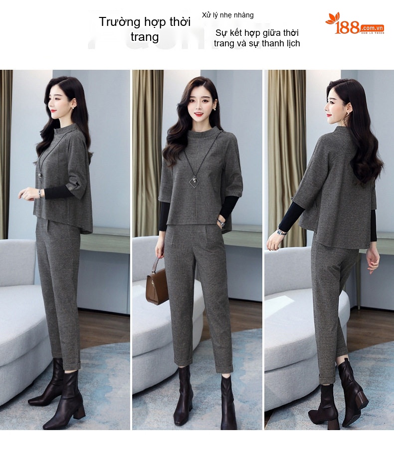 Set Bộ Quần Áo Nữ Thu Đông Dáng Rộng Che Bụng Phong Cách Thời Trang Màu Xám chi tiết 3