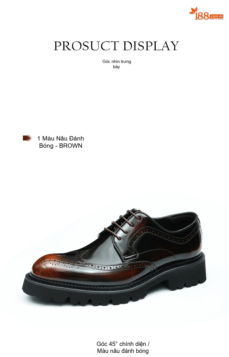 Giày Tây Buộc Dây Nam Da Bóng Chiều Cao Đế Khoảng 4cm Kiểu dáng Brogue Màu Đen, Nâu chi tiết 11