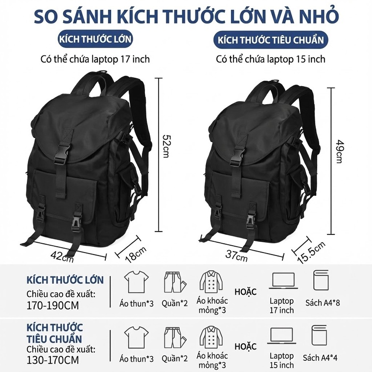 Balo Nam Đeo Lưng Vải Dù Chống Nước Chống Sốc Laptop Đi Học Du Lịch Leo Núi Màu Đen