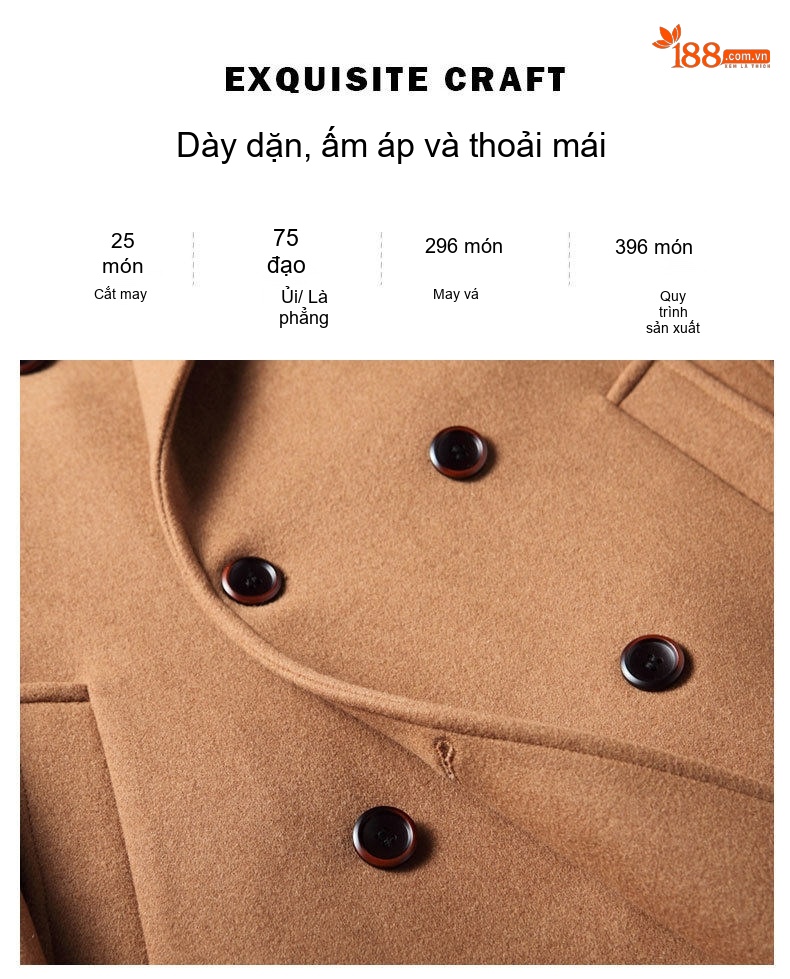Áo Khoác Dạ Nam Dáng Dài Double Breasted Phong Cách Doanh Nhân Màu Nâu, Xám, Đen chi tiết 4