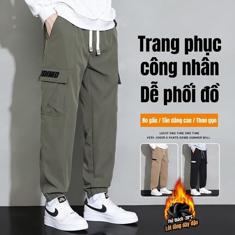 Quần dài nam ống bo gấu lót lông dáng thể thao nhiều túi