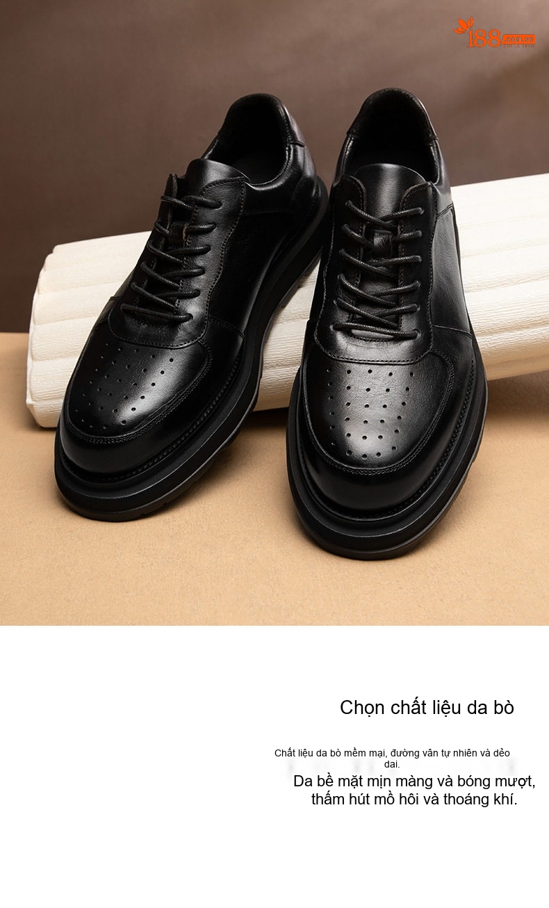 Giày Sneaker Nam Da Thật Buộc Dây Đế Cao 4cm Thoáng Khí chi tiết 4